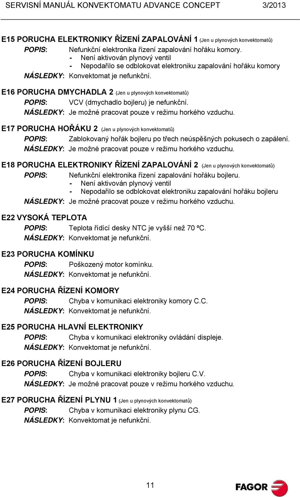 E16 PORUCHA DMYCHADLA 2 (Jen u plynových konvektomatů) POPIS: VCV (dmychadlo bojleru) je nefunkční. NÁSLEDKY: Je možné pracovat pouze v režimu horkého vzduchu.