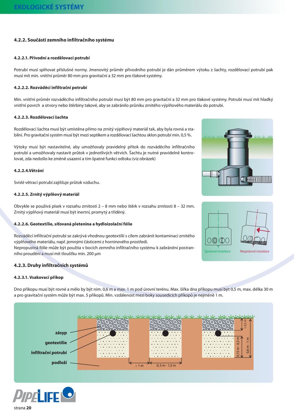 vnitřní průměr rozváděcího infiltračního potrubí musí být 80 mm pro gravitační a 32 mm pro tlakové systémy.