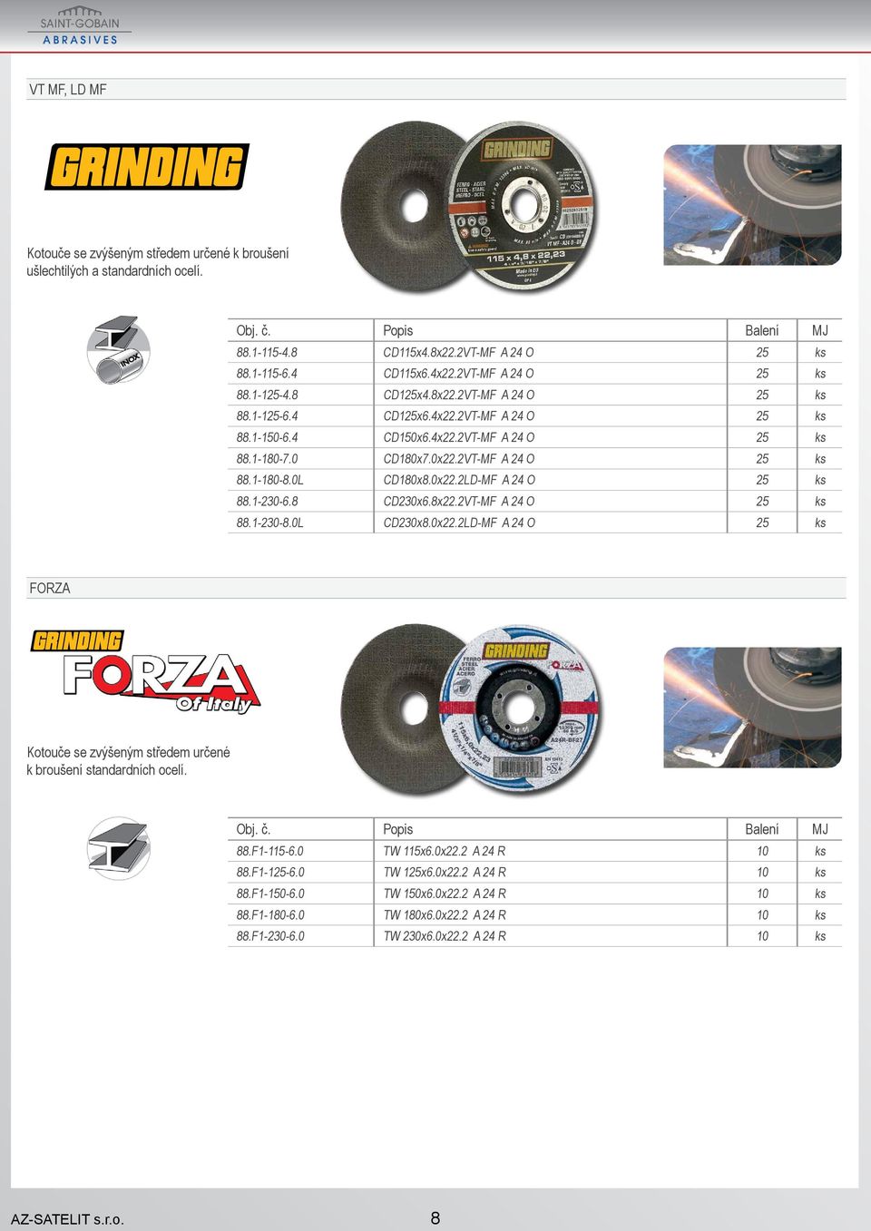 1-230-6.8 CD230x6.8x22.2VT-MF A 24 O 25 ks 88.1-230-8.0L CD230x8.0x22.2LD-MF A 24 O 25 ks FORZA Kotouče se zvýšeným středem určené k broušení standardních ocelí. 88.F1-115-6.0 TW 115x6.0x22.2 A 24 R 10 ks 88.