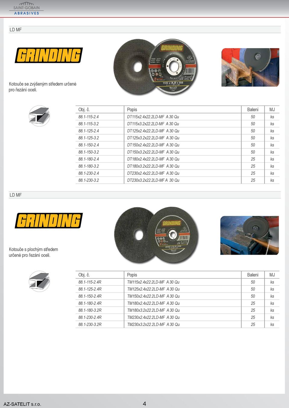 2x22.2LD-MF A 30 Qu 25 ks 88.1-230-2.4 DT230x2.4x22.2LD-MF A 30 Qu 25 ks 88.1-230-3.2 DT230x3.2x22.2LD-MF A 30 Qu 25 ks LD MF Kotouče s plochým středem určené pro řezání oceli. 88.1-115-2.4R TM115x2.