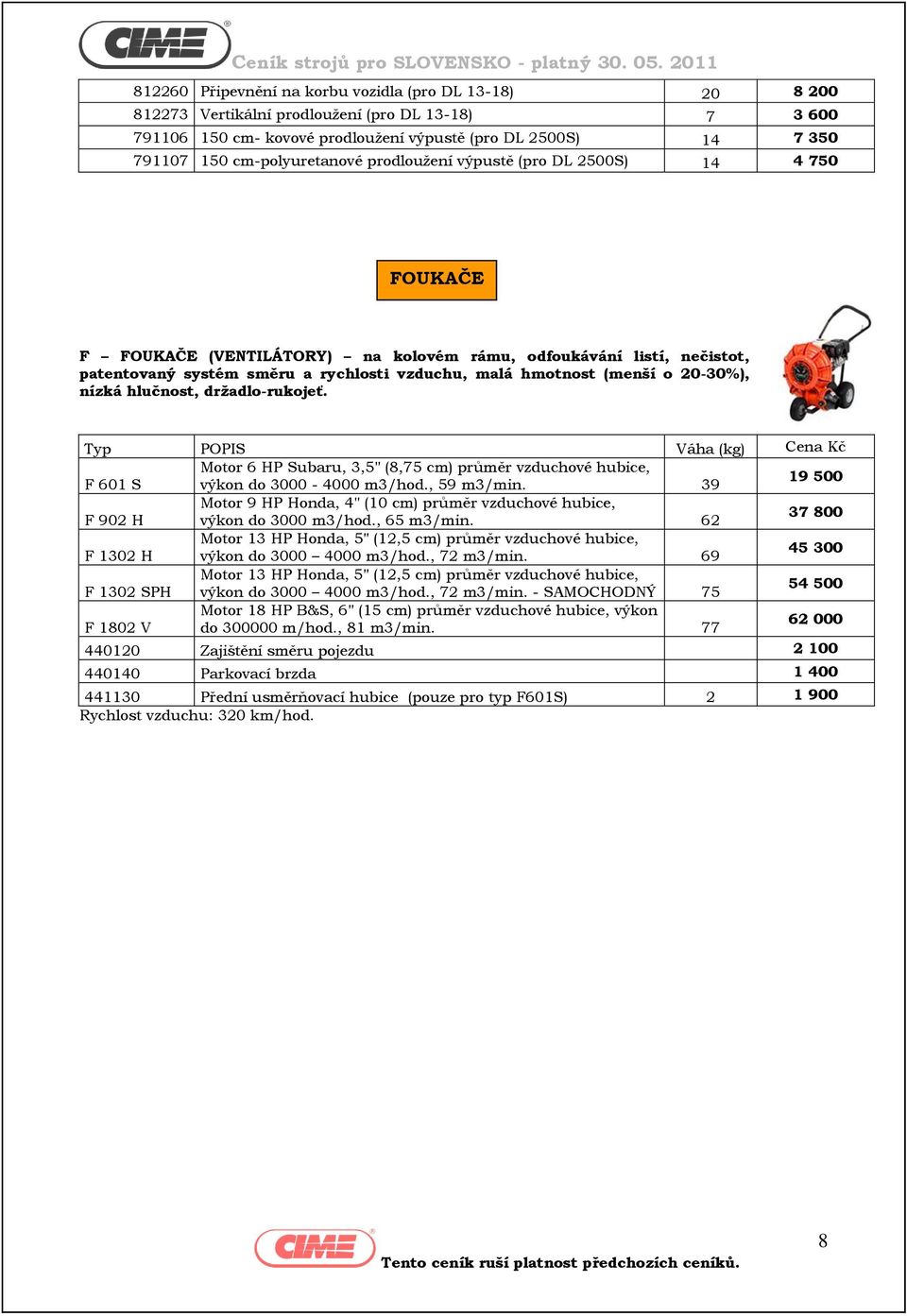 (menší o 20-30%), nízká hlučnost, drţadlo-rukojeť. Typ POPIS Váha (kg) Cena Kč Motor 6 HP Subaru, 3,5" (8,75 cm) průměr vzduchové hubice, F 601 S výkon do 3000-4000 m3/hod., 59 m3/min.