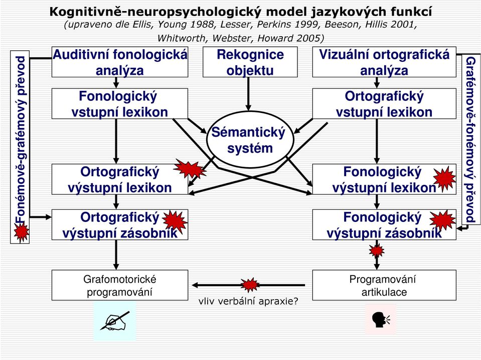 Whitworth, Webster, Howard 2005) Rekognice objektu Sémantický systém Vizuální ortografická analýza Ortografický vstupní lexikon Fonologický