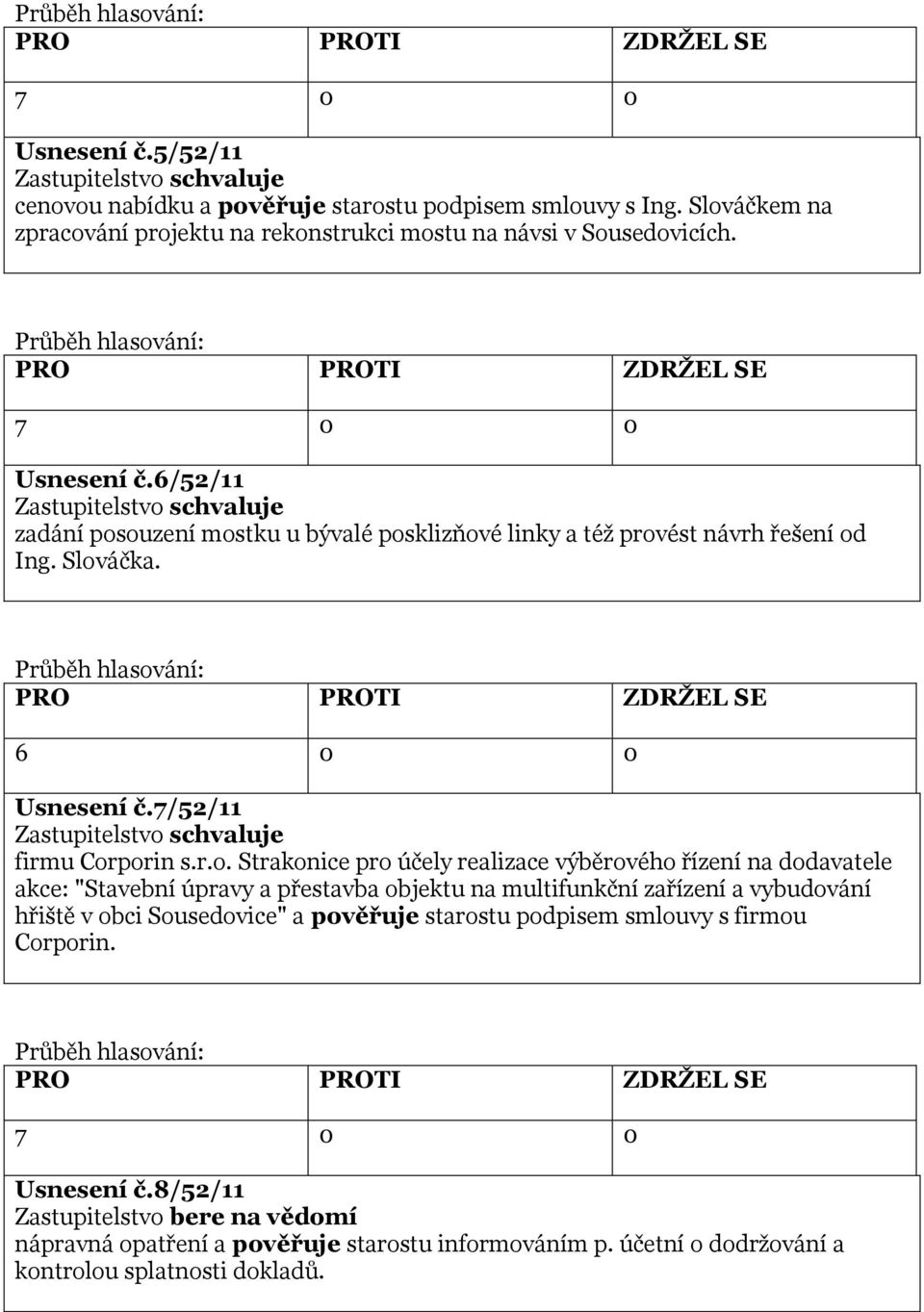 ouzení mostku u bývalé posklizňové linky a též provést návrh řešení od Ing. Slováčka. 6 0 0 Usnesení č.7/52/11 firmu Corporin s.r.o. Strakonice pro účely realizace výběrového