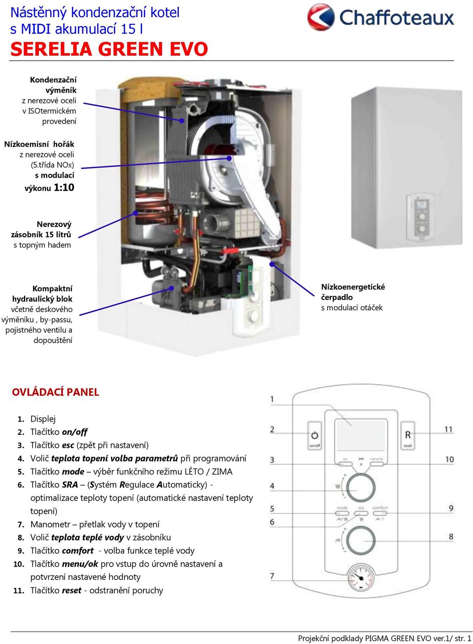 modulací otáček OVLÁDACÍ PANEL 1. Displej 2. Tlačítko on/off 3. Tlačítko esc (zpět při nastavení) 4. Volič teplota topení volba parametrů při programování 5.