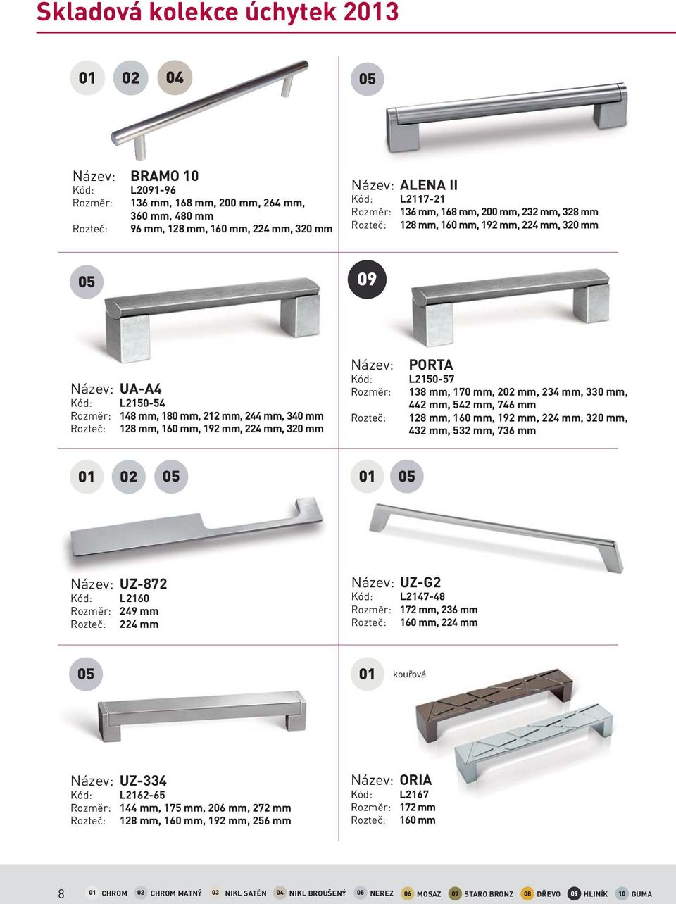 mm Název: PORTA Kód: L2150-57 Rozměr: 138 mm, 170 mm, 2 mm, 234 mm, 330 mm, 442 mm, 542 mm, 746 mm Rozteč: 128 mm, 160 mm, 192 mm, 224 mm, 320 mm, 432 mm, 532 mm, 736 mm Název: UZ-872 Kód: L2160