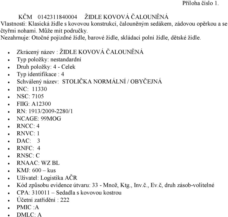 a se čtyřmi nohami. Může mít područky. Nezahrnuje: Otočné pojízdné židle, barové židle, skládací polní židle, dětské židle.