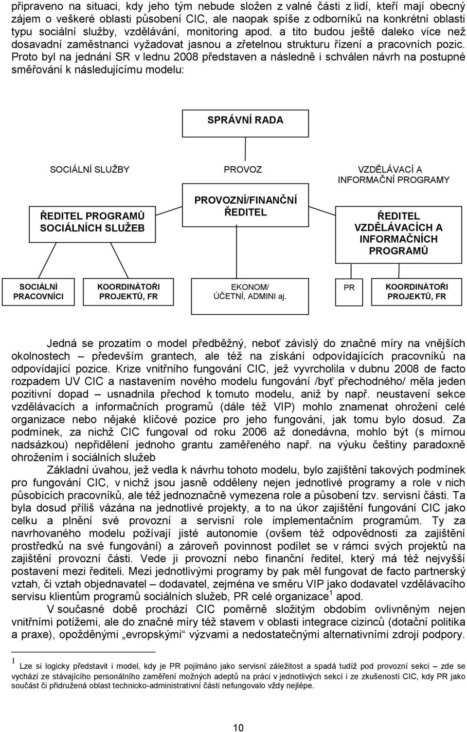 Proto byl na jednání SR v lednu 2008 představen a následně i schválen návrh na postupné směřování k následujícímu modelu: SPRÁVNÍ RADA SOCIÁLNÍ SLUŽBY PROVOZ VZDĚLÁVACÍ A INFORMAČNÍ PROGRAMY ŘEDITEL