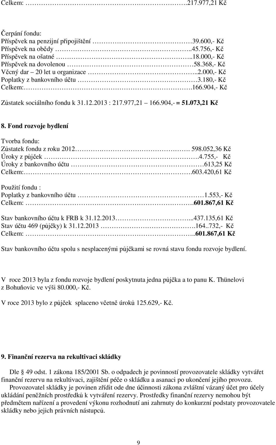 Fond rozvoje bydlení Tvorba fondu: Zůstatek fondu z roku 2012. 598.052,36 Kč Úroky z půjček.4.755,- Kč Úroky z bankovního účtu 613,25 Kč Celkem:.603.