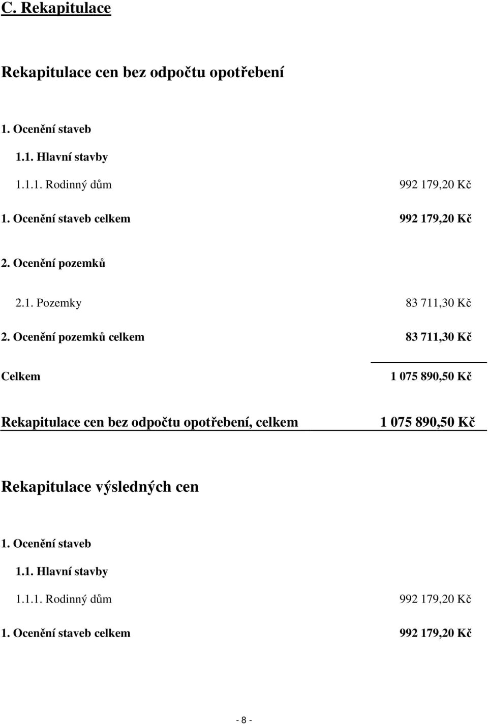 Ocenění pozemků celkem 83 711,30 Kč Celkem 1 075 890,50 Kč Rekapitulace cen bez odpočtu opotřebení, celkem 1 075 890,50