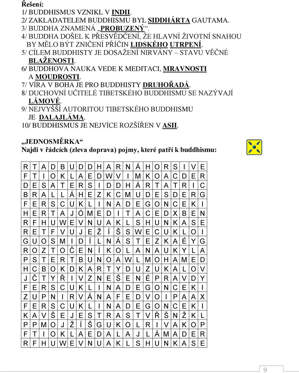 6/ BUDDHOVA NAUKA VEDE K MEDITACI, MRAVNOSTI A MOUDROSTI. 7/ VÍRA V BOHA JE PRO BUDDHISTY DRUHOŘADÁ. 8/ DUCHOVNÍ UČITELÉ TIBETSKÉHO BUDDHISMU SE NAZÝVAJÍ LÁMOVÉ.