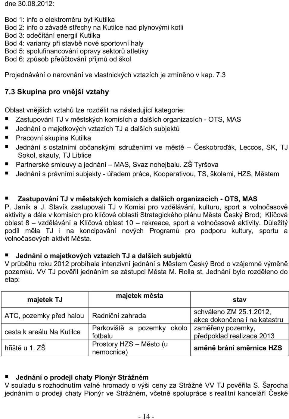 spolufinancování opravy sektorů atletiky Bod 6: způsob přeúčtování příjmů od škol Projednávání o narovnání ve vlastnických vztazích je zmíněno v kap. 7.3 7.