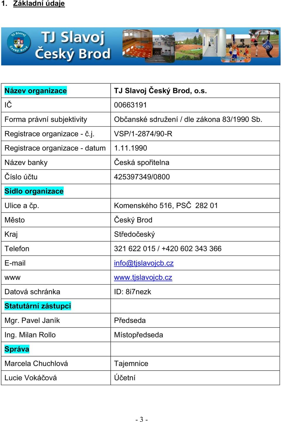 Komenského 516, PSČ 282 01 Město Kraj Český Brod Středočeský Telefon 321 622 015 / +420 602 343 366 E-mail www Datová schránka info@tjslavojcb.cz www.