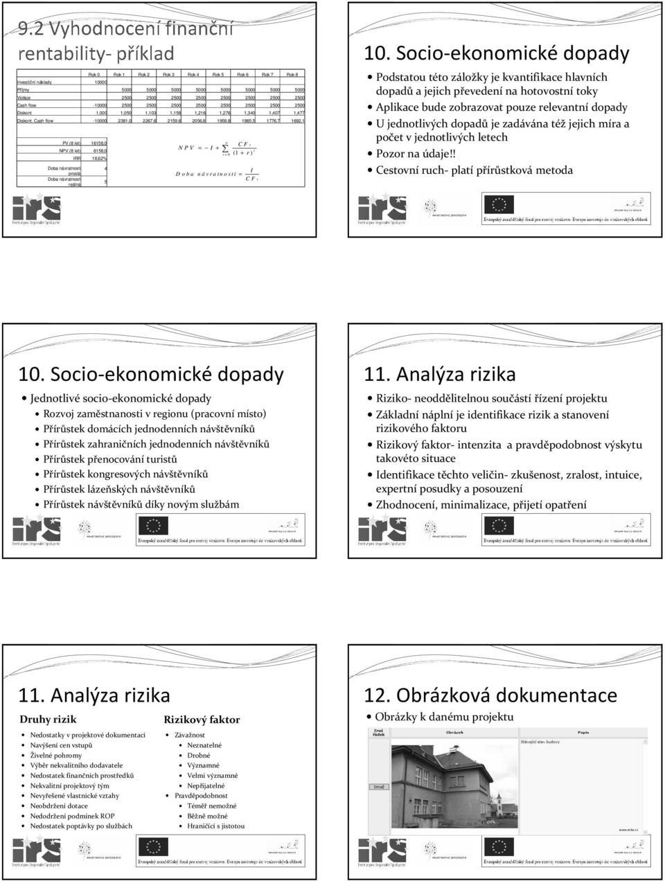Cash flow -10000 2381,0 2267,6 2159,6 2056,8 1958,8 1865,5 1776,7 1692,1 16158,0 PV (8 let) n C F t N P V = I + t = 0 (1 + r NPV (8 let) 6158,0 ) t IRR 18,62% Doba návratnosti 4 I D o b a n á v r a