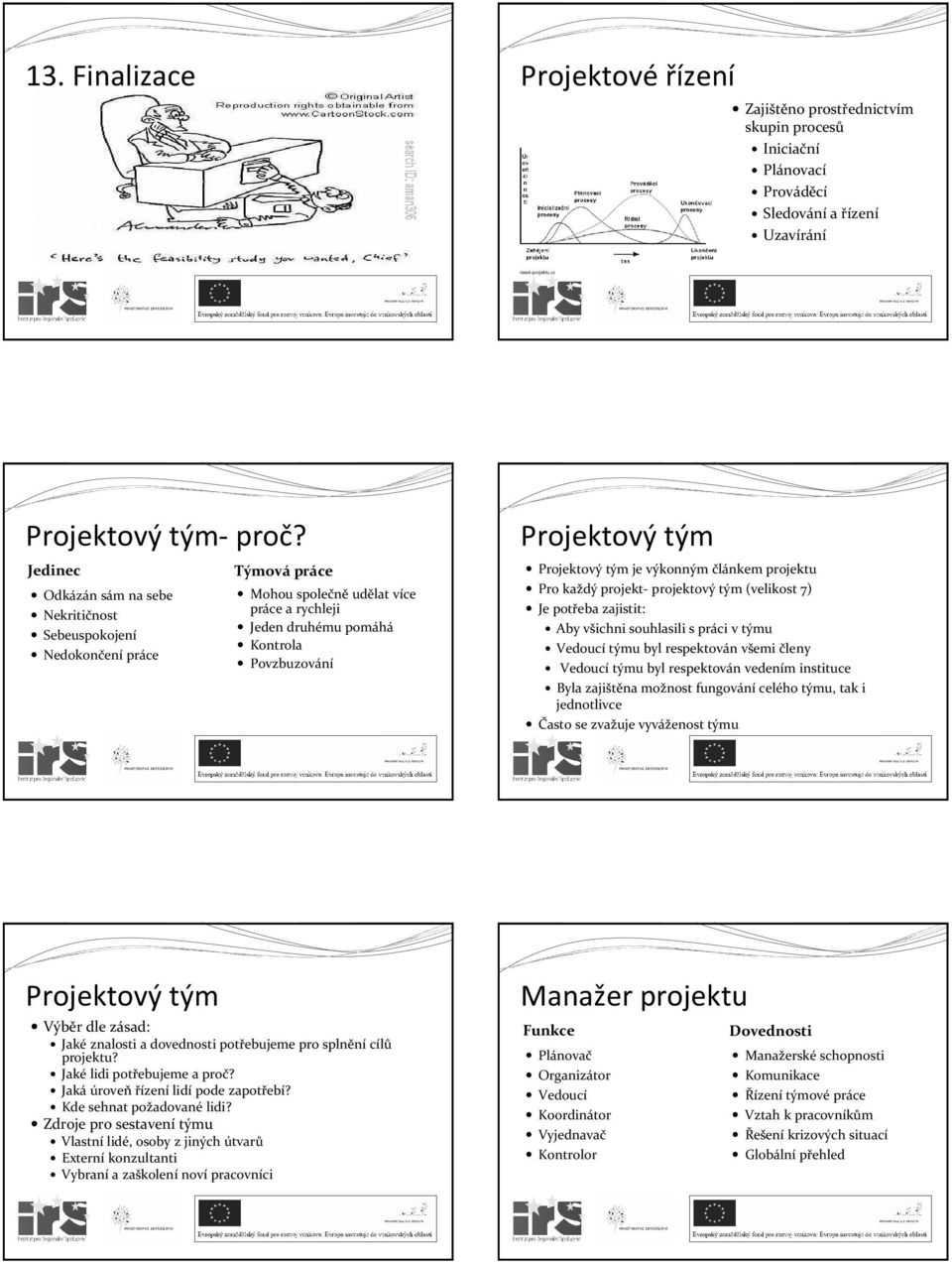 tým je výkonným článkem projektu Pro každý projekt- projektový tým (velikost 7) Je potřeba zajistit: Aby všichni souhlasili s práci v týmu Vedoucí týmu byl respektován všemi členy Vedoucí týmu byl