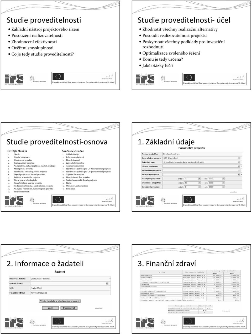 tedy určena? Jaké otázky řeší? Studie proveditelnosti-osnova 1. Základní údaje Dřívější členění 1. Obsah 2. Úvodní informace 3. Zhodnocení projektu 4. Popis podstaty projektu 5.