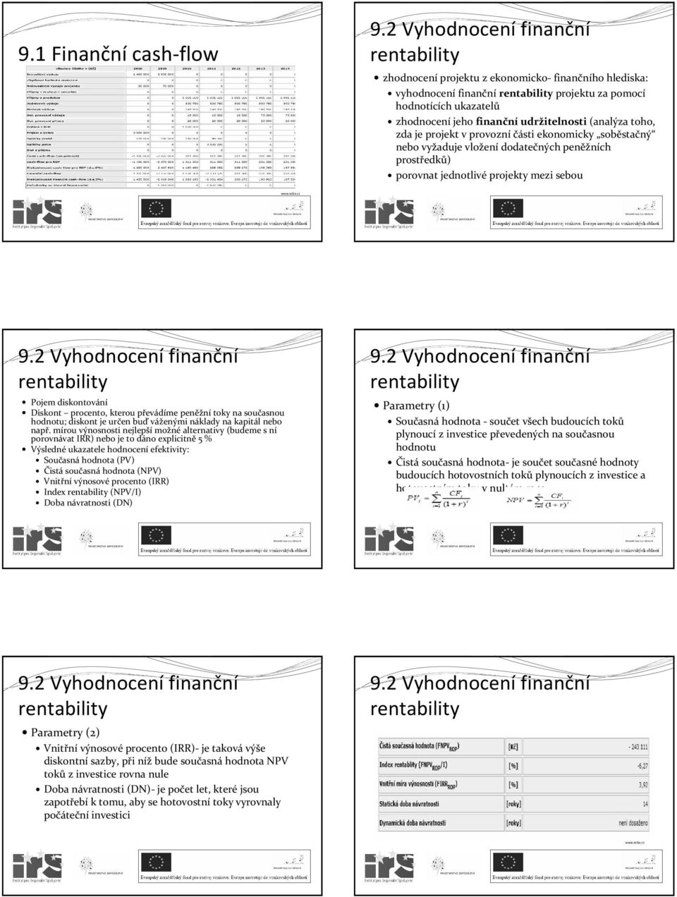 finančníudržitelnosti (analýza toho, zda je projekt v provozní části ekonomicky soběstačný nebo vyžaduje vložení dodatečných peněžních prostředků) porovnat jednotlivé projekty mezi sebou 9.