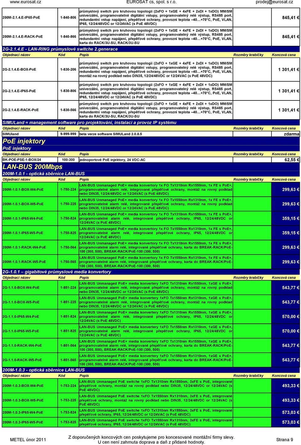 1.4.E-RACK-PoE 1-830-566 karta do RACK/3U-SU, RACK/3U-SU SIMULand = management software pro projektování, instalaci a provoz IP systému 1 301,41 SIMUland 9-999-999 beta verze software SIMULand 2.0.0.5 zdarma PoE injektory PoE injektory BK-POE-PSE-1-BOX/24 100-300 jednoportové PoE injektory, 24 VDC-AC 62,55 LAN-BUS 200Mbps 200M-1.