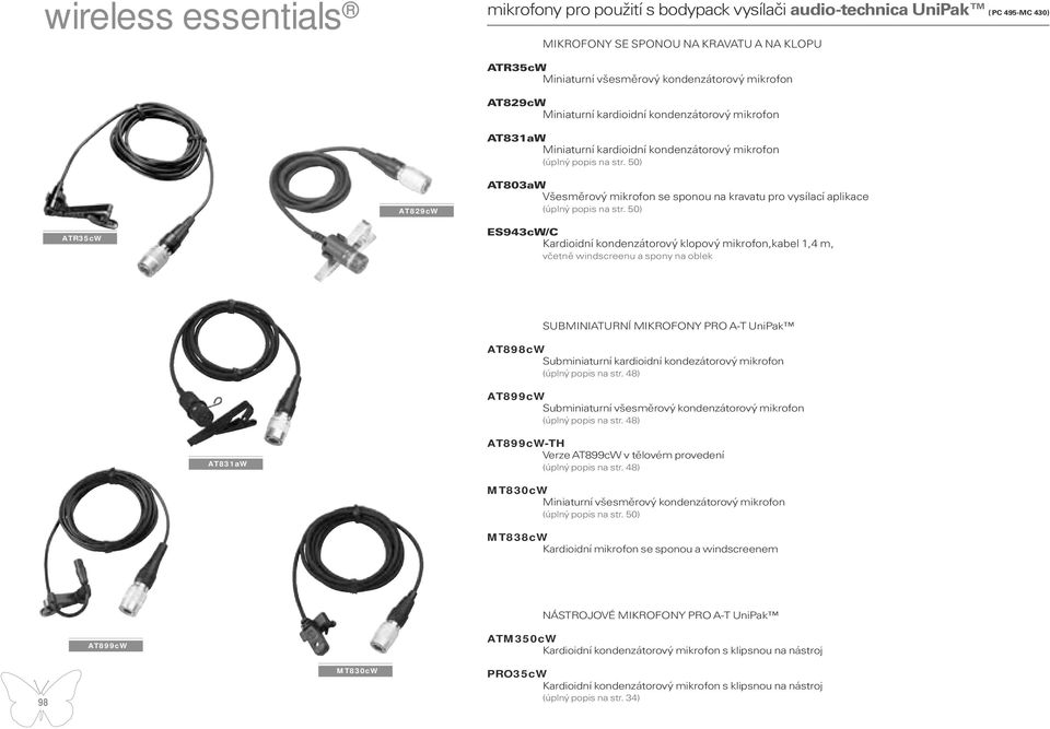 50) AT829cW AT803aW Všesměrový mikrofon se sponou na kravatu pro vysílací aplikace (úplný popis na str.