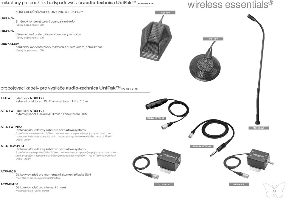 58) U851cW wireless essentials U841cW propojovací kabely pro vysílače audio-technica UniPak ( PC 458-MC 140) XLRW (identický AT8317) Kabel s konektorem XLRF a konektorem HRS; 1,5 m AT-GcW (identický