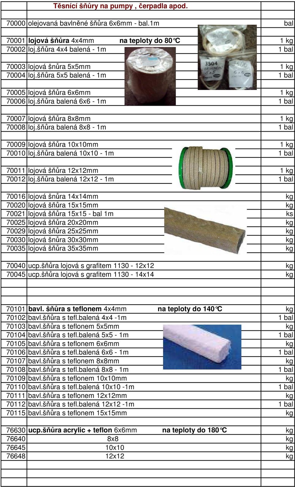 šňůra balená 6x6-1m 1 bal 70007 lojová šňůra 8x8mm 1 kg 70008 loj.šňůra balená 8x8-1m 1 bal 70009 lojová šňůra 10x10mm 1 kg 70010 loj.