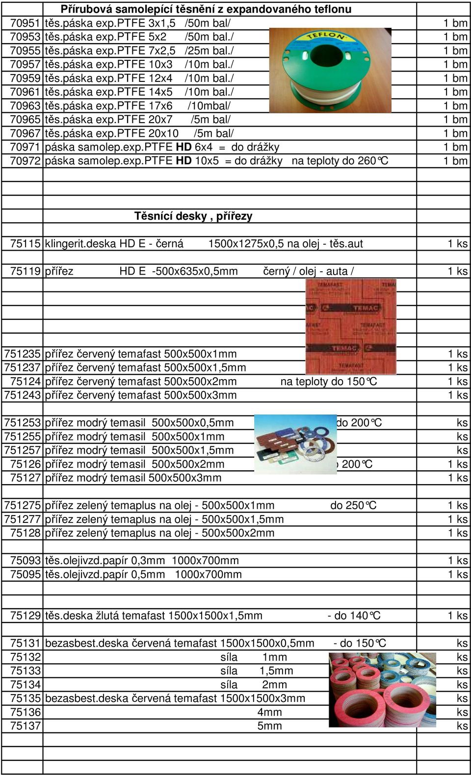 páska exp.ptfe 20x7 /5m bal/ 1 bm 70967 těs.páska exp.ptfe 20x10 /5m bal/ 1 bm 70971 páska samolep.exp.ptfe HD 6x4 = do drážky 1 bm 70972 páska samolep.exp.ptfe HD 10x5 = do drážky na teploty do 260 C 1 bm Těsnící desky, přířezy 75115 klingerit.