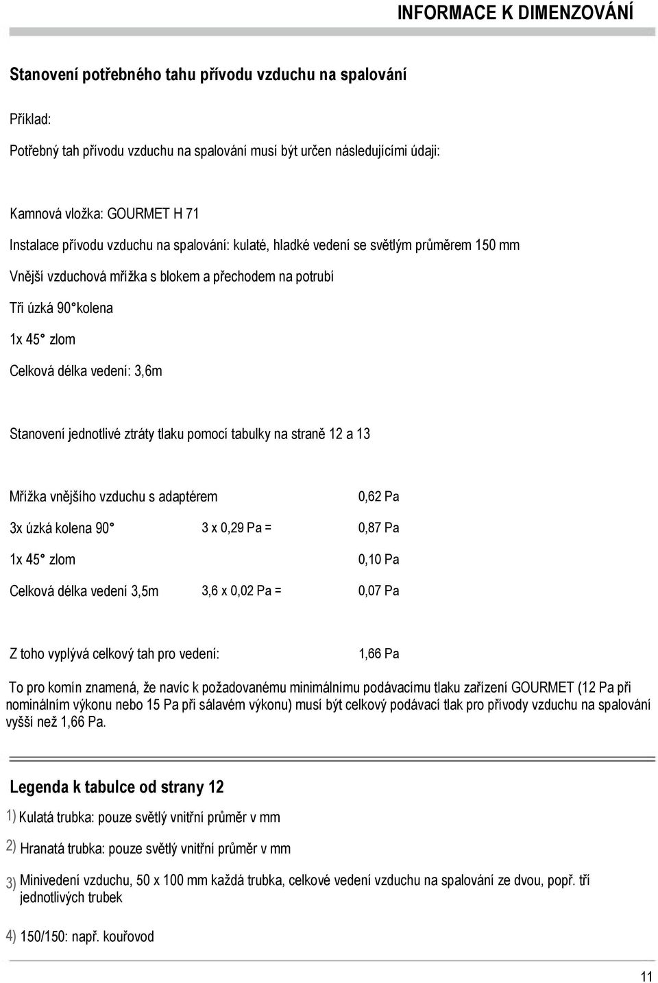 Stanovení jednotlivé ztráty tlaku pomocí tabulky na straně 2 a 3 Mřížka vnějšího vzduchu s adaptérem 0,62 Pa 3x úzká kolena 90 x 45 zlom 3 x 0,29 Pa = 0,87 Pa 0,0 Pa Celková délka vedení 3,5m 3,6 x