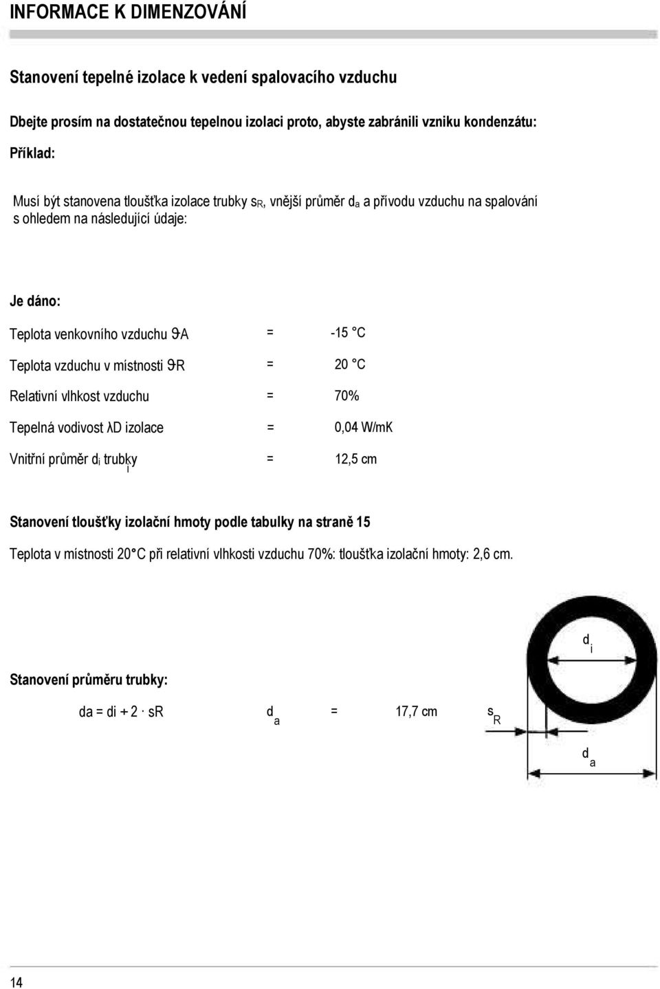 vzduchu v místnosti ϑr Relativní vlhkost vzduchu = = = -5 C 20 C 70% Tepelná vodivost λd izolace = W/mK Vnitřní průměr di trubky i = 2,5 cm Stanovení tloušťky izolační hmoty