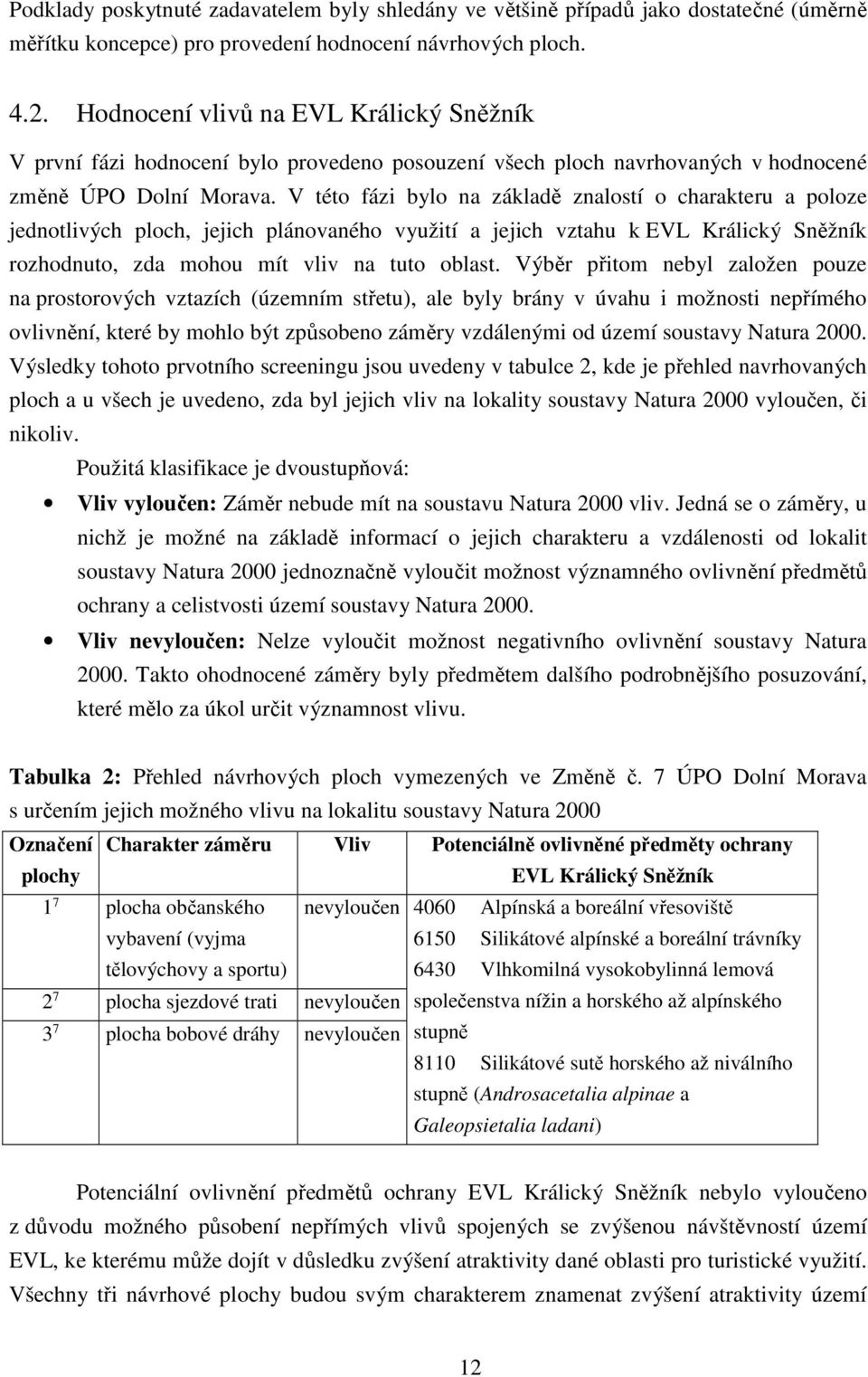 V této fázi bylo na základě znalostí o charakteru a poloze jednotlivých ploch, jejich plánovaného využití a jejich vztahu k EVL Králický Sněžník rozhodnuto, zda mohou mít vliv na tuto oblast.