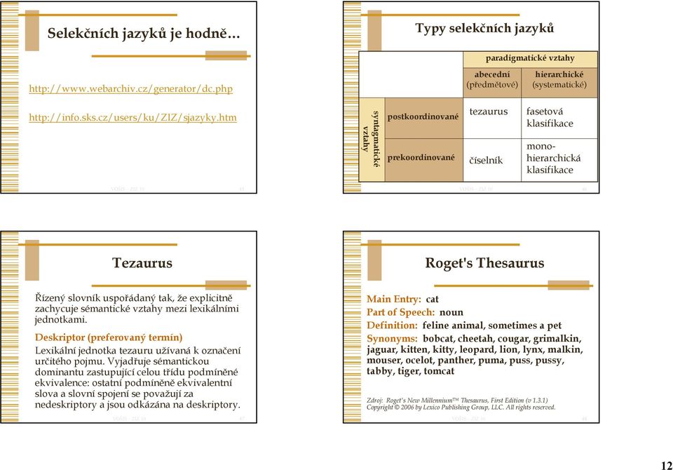 htm synta agmatické vztahy postkoordinované prekoordinované tezaurus číselník fasetová klasifikace monohierarchická klasifikace 45 46 Tezaurus Roget's Thesaurus Řízený ý slovník uspořádaný tak, že