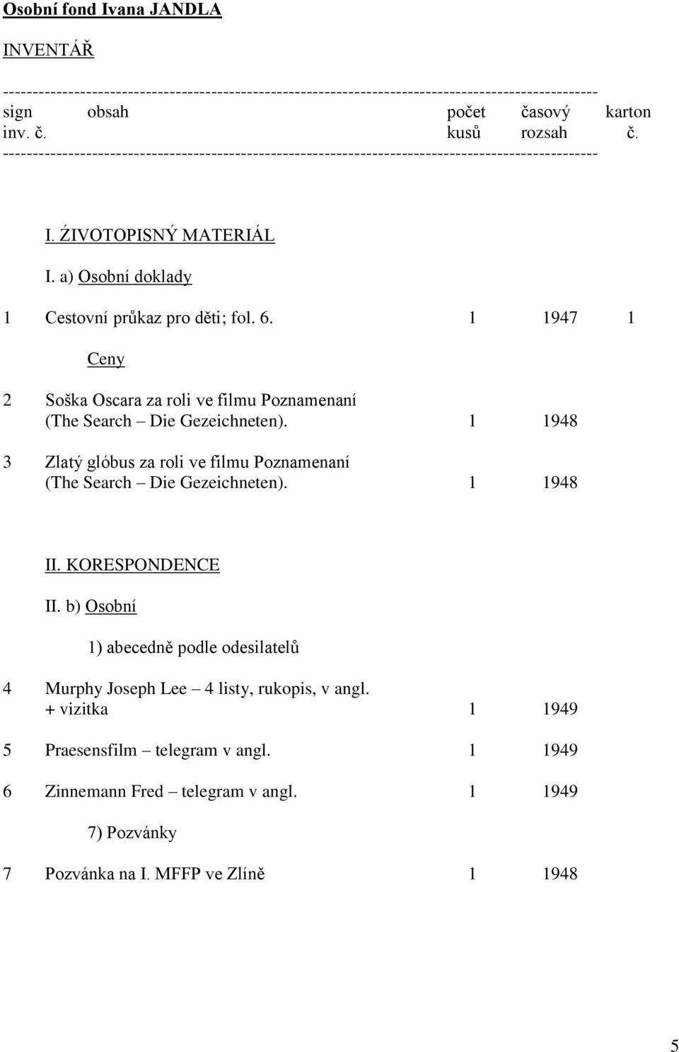 1 1947 1 Ceny 2 Soška Oscara za roli ve filmu Poznamenaní (The Search Die Gezeichneten). 1 1948 3 Zlatý glóbus za roli ve filmu Poznamenaní (The Search Die Gezeichneten). 1 1948 II. KORESPONDENCE II.