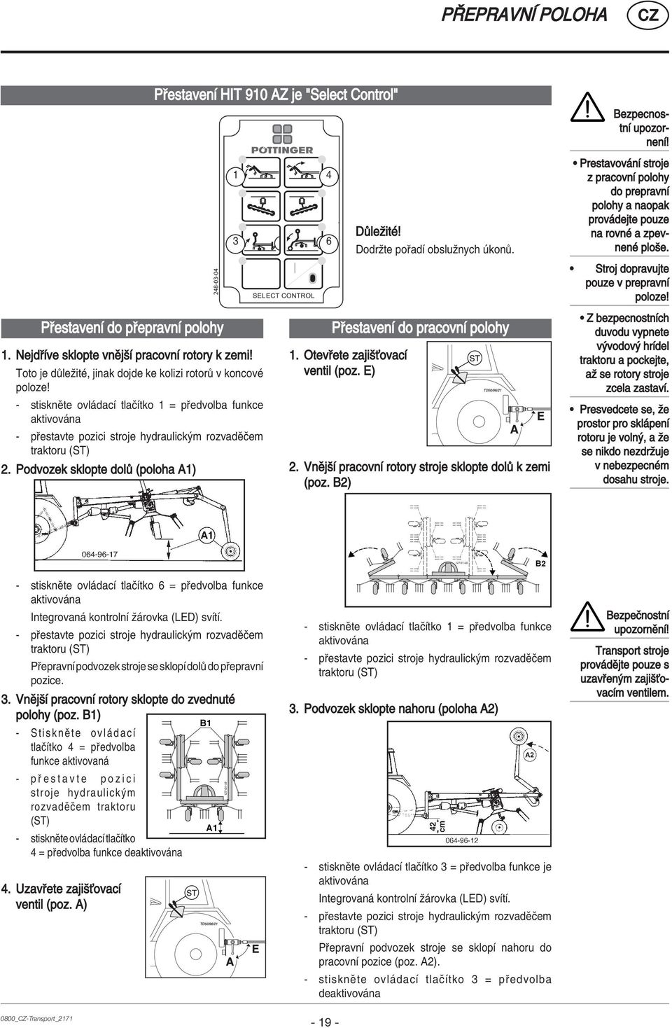 Podvozek sklopte dol (poloha A1) P estavenì HIT 910 AZ je "Select Control" 1 3 4 6 D leûitè! P estavenì do pracovnì polohy 1. Otev ete zajiöùovacì ventil (poz. E) Dodrûte po adì obsluûnych kon. 2.