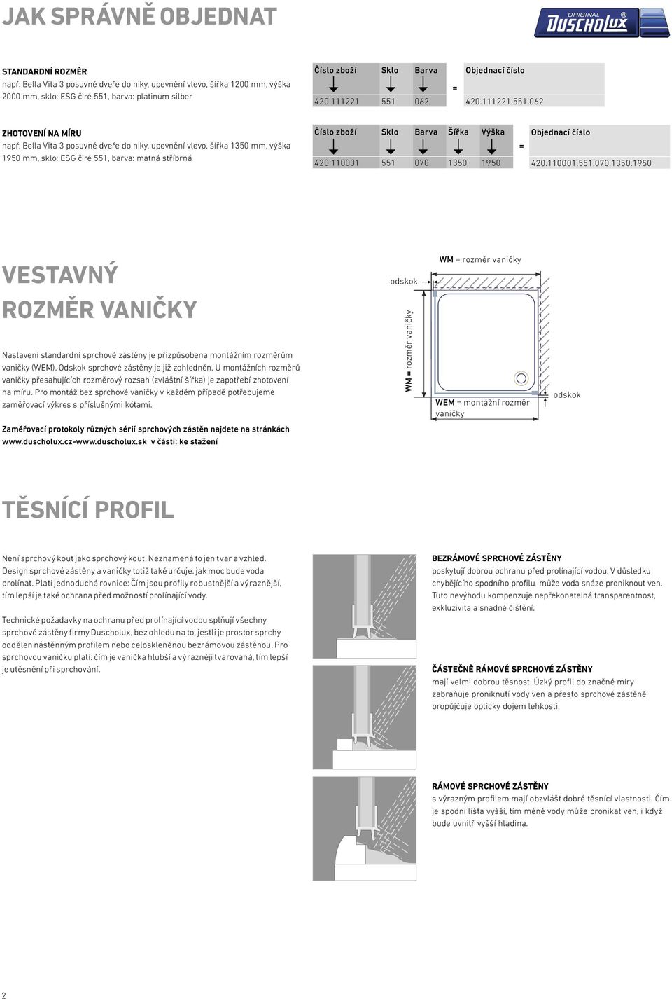 110001 551 070 1350 1950 = 420.110001.551.070.1350.1950 Vestavný rozměr vaničky Nastavení standardní sprchové zástěny je přizpůsobena montážním rozměrům vaničky (WEM).