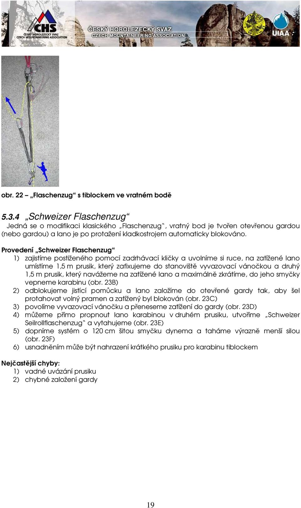 Provedení Schweizer Flaschenzug 1) zajistíme postiženého pomocí zadrhávací kličky a uvolníme si ruce, na zatížené lano umístíme 1,5 m prusik, který zafixujeme do stanoviště vyvazovací vánočkou a