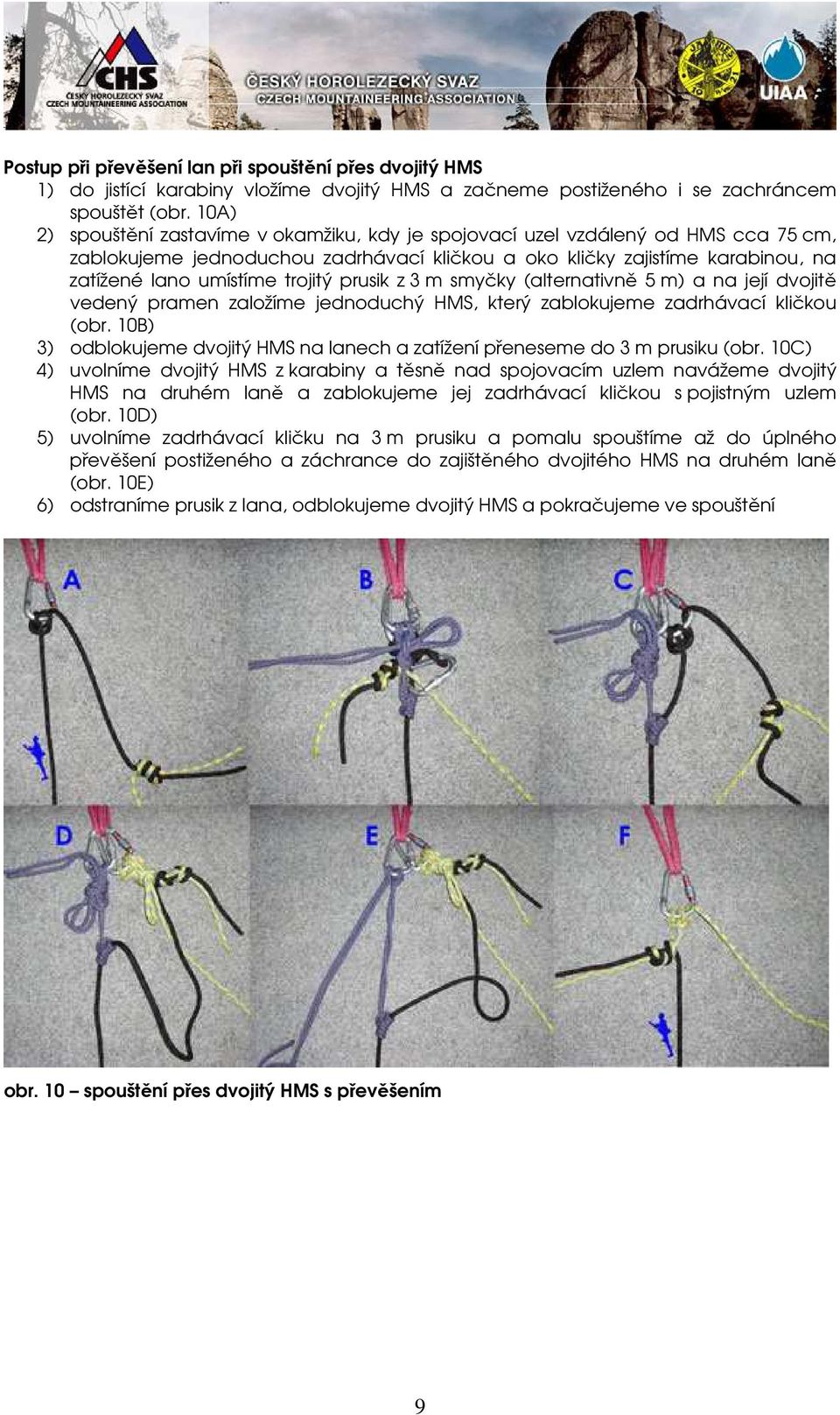 prusik z 3 m smyčky (alternativně 5 m) a na její dvojitě vedený pramen založíme jednoduchý HMS, který zablokujeme zadrhávací kličkou (obr.