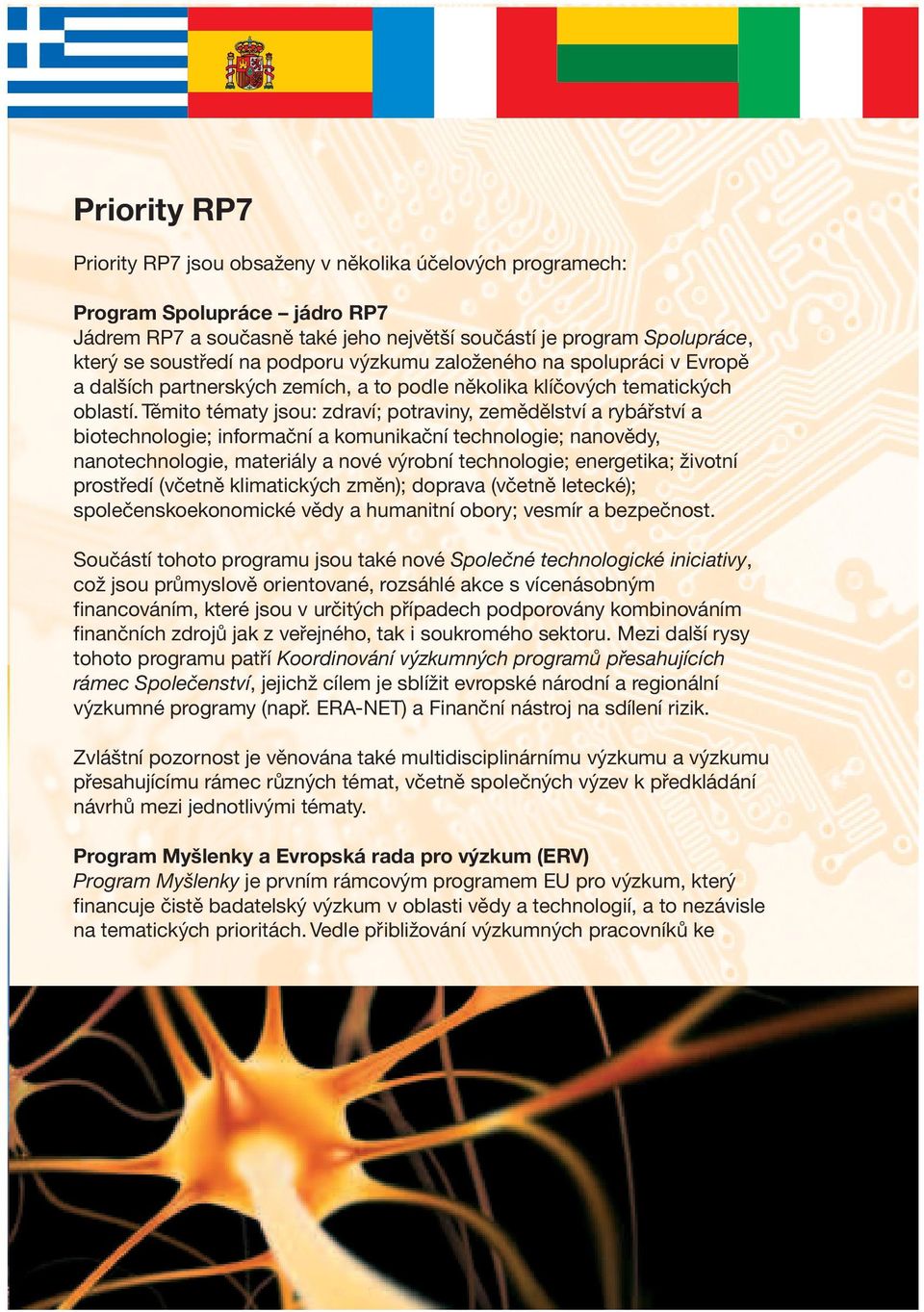 Těmito tématy jsou: zdraví; potraviny, zemědělství a rybářství a biotechnologie; informační a komunikační technologie; nanovědy, nanotechnologie, materiály a nové výrobní technologie; energetika;