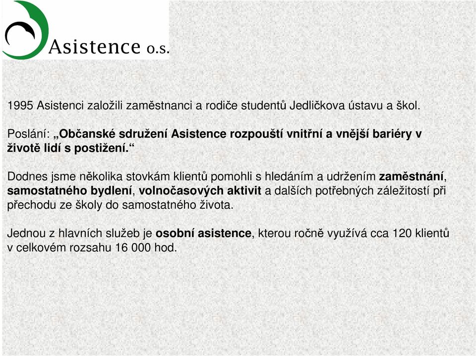 Dodnes jsme několika stovkám klientů pomohli s hledáním a udržením zaměstnání, samostatného bydlení, volnočasových aktivit