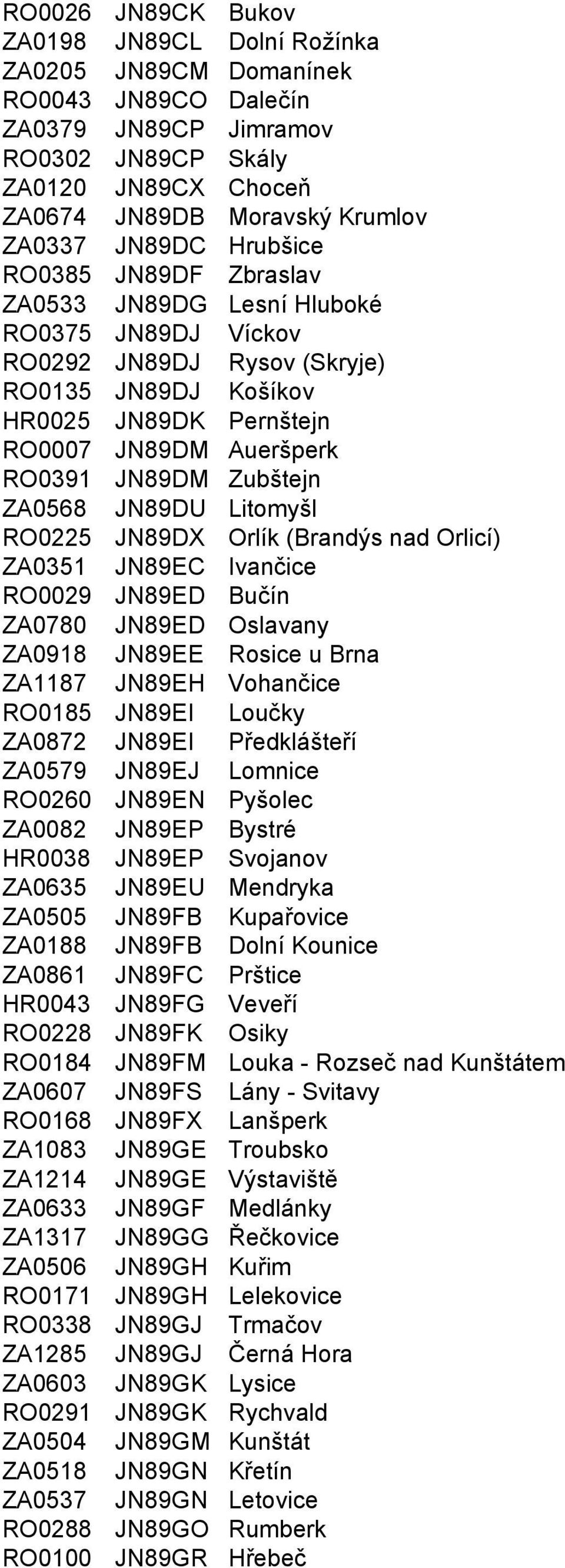 JN89DM Zubštejn ZA0568 JN89DU Litomyšl RO0225 JN89DX Orlík (Brandýs nad Orlicí) ZA0351 JN89EC Ivančice RO0029 JN89ED Bučín ZA0780 JN89ED Oslavany ZA0918 JN89EE Rosice u Brna ZA1187 JN89EH Vohančice