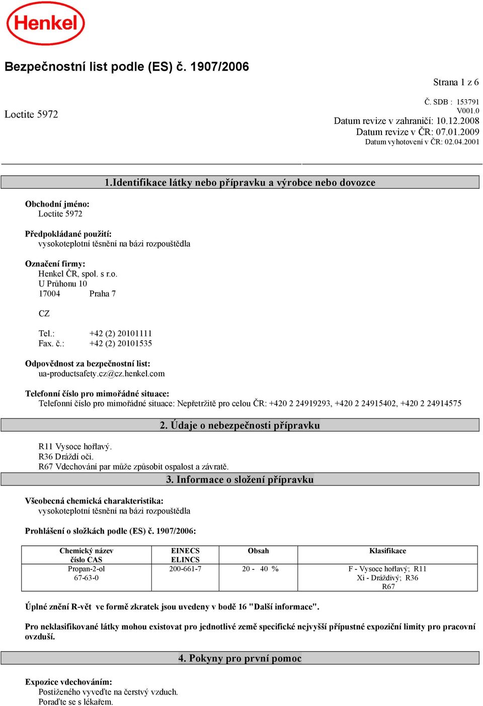 : +42 (2) 20101111 Fax. č.: +42 (2) 20101535 Odpovědnost za bezpečnostní list: ua-productsafety.cz@cz.henkel.