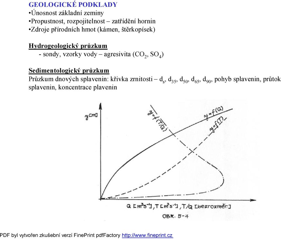 agresivita (CO 2, SO 4 ) Sedimentologický průzkum Průzkum dnových splavenin: křivka