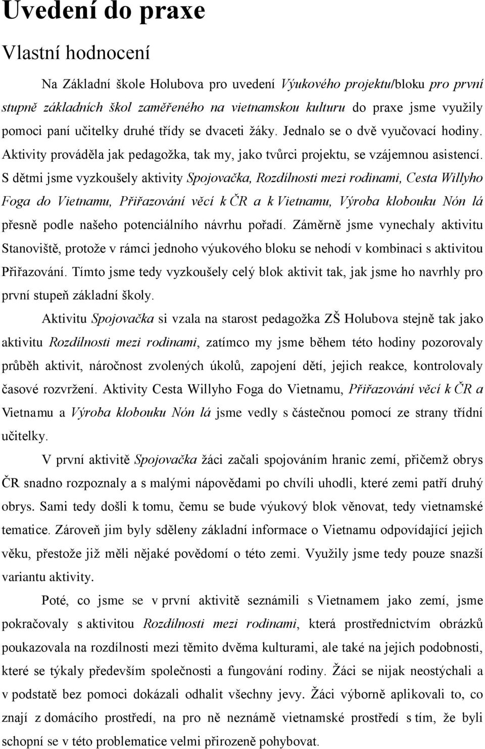 S dětmi jsme vyzkoušely aktivity Spojovačka, Rozdílnosti mezi rodinami, Cesta Willyho Foga do Vietnamu, Přiřazování věcí k ČR a k Vietnamu, Výroba klobouku Nón lá přesně podle našeho potenciálního