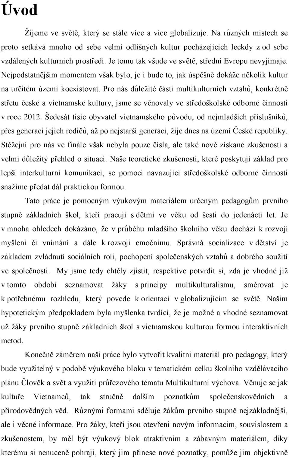 Pro nás důleţité části multikulturních vztahů, konkrétně střetu české a vietnamské kultury, jsme se věnovaly ve středoškolské odborné činnosti v roce 2012.