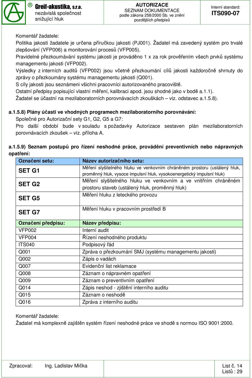 Výsledky z interních auditů (VFP002) jsou včetně přezkoumání cílů jakosti každoročně shrnuty do zprávy o přezkoumány systému managementu jakosti (Q001).