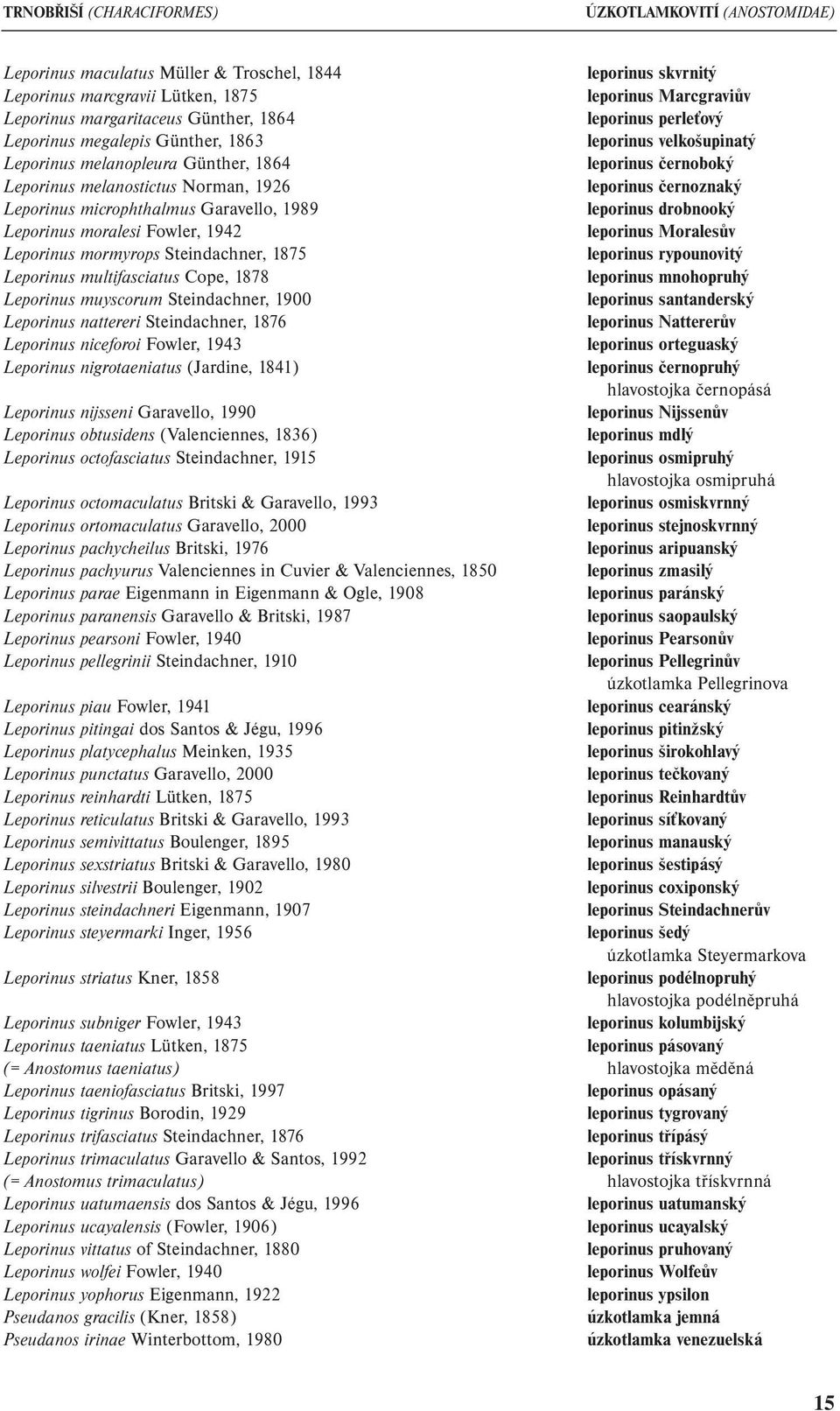 černoznaký Leporinus microphthalmus Garavello, 1989 leporinus drobnooký Leporinus moralesi Fowler, 1942 leporinus Moralesův Leporinus mormyrops Steindachner, 1875 leporinus rypounovitý Leporinus