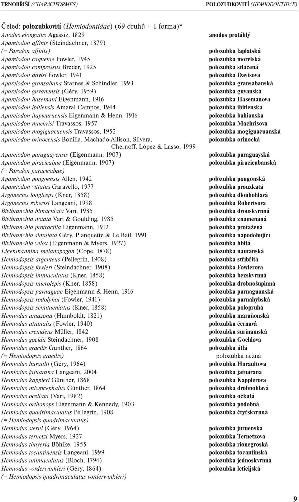 Davisova Apareiodon gransabana Starnes & Schindler, 1993 polozubka gransabanská Apareiodon guyanensis (Géry, 1959) polozubka guyanská Apareiodon hasemani Eigenmann, 1916 polozubka Hasemanova