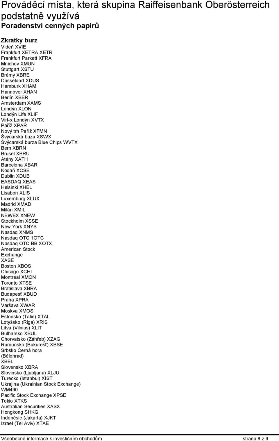 burza Blue Chips WVTX Bern XBRN Brusel XBRU Atény XATH Barcelona XBAR Kodaň XCSE Dublin XDUB EASDAQ XEAS Helsinki XHEL Lisabon XLIS Luxemburg XLUX Madrid XMAD Milán XMIL NEWEX XNEW Stockholm XSSE New