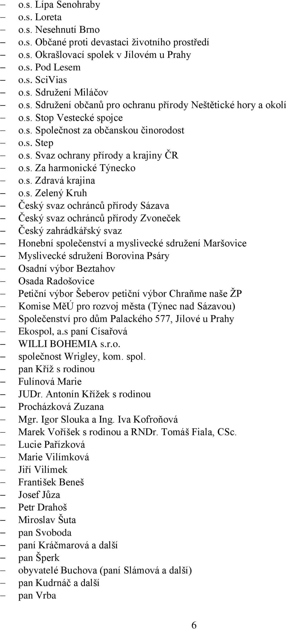 přírody Sázava Český svaz ochránců přírody Zvoneček Český zahrádkářský svaz Honební společenství a myslivecké sdruţení Maršovice Myslivecké sdruţení Borovina Psáry Osadní výbor Beztahov Osada