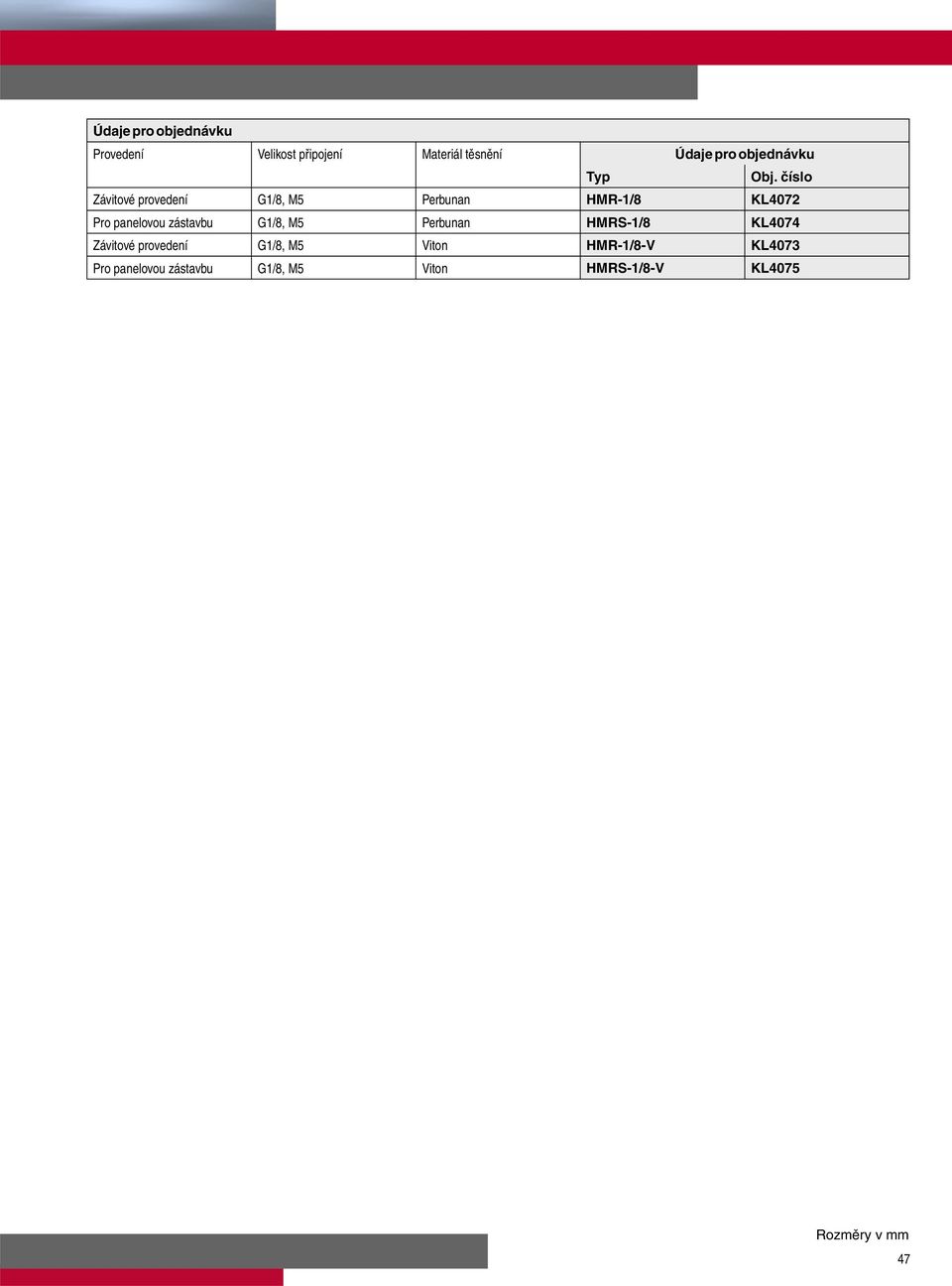 zástavbu G/8, M5 Perbunan HMRS-/8 KL474 Závitové provedení G/8, M5