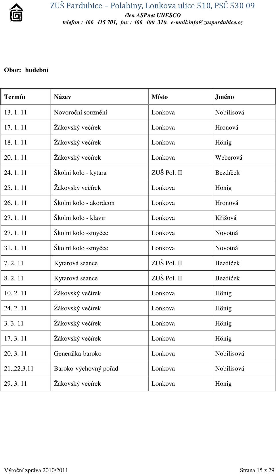 1. 11 Školní kolo -smyčce Lonkova Novotná 7. 2. 11 Kytarová seance ZUŠ Pol. II Bezdíček 8. 2. 11 Kytarová seance ZUŠ Pol. II Bezdíček 10. 2. 11 Žákovský večírek Lonkova Hönig 24. 2. 11 Žákovský večírek Lonkova Hönig 3.