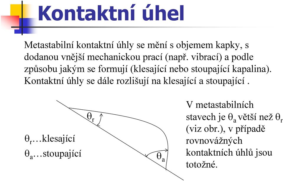 Kontaktní úhly se dále rozlišují na klesající a stoupající.