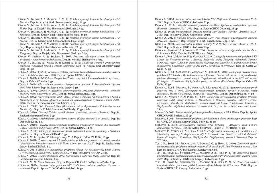 KŘIVAN V., JELÍNEK A. & MARHOUL P. 2011e: Průzkum vybraných skupin bezobratlých v PP Roviny. Dep. in: Krajský úřad Jihomoravského kraje, 23 pp. KŘIVAN V., JELÍNEK A. & MARHOUL P. 2011f: Průzkum vybraných skupin bezobratlých v PR Šévy.